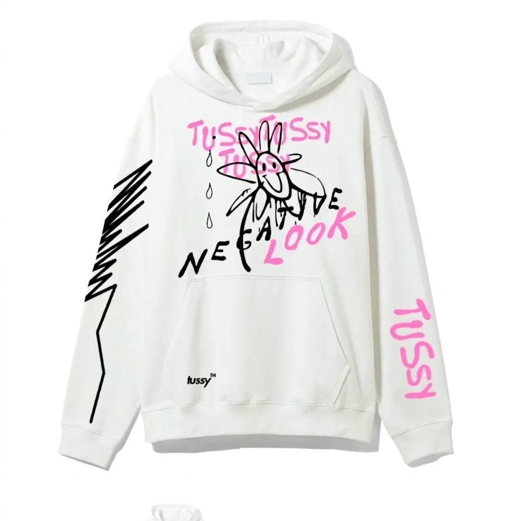 TUSSY “Negative Look” Oversized Graphic Hoodie – White/Pink/Black