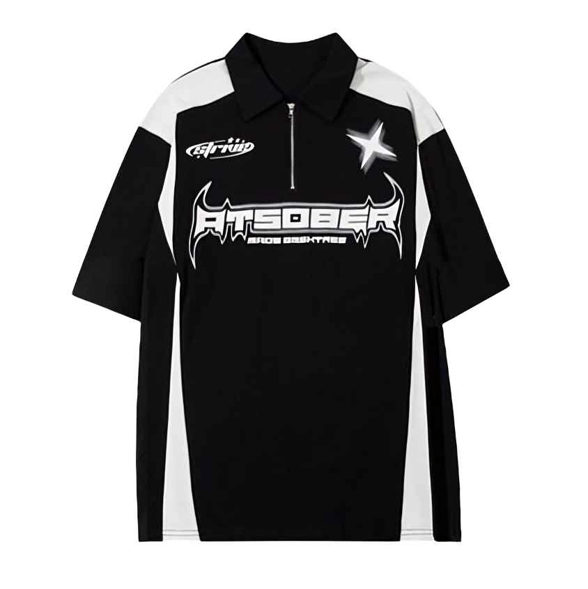 ATSOBER” Racing Zipper Polo – Cyber-Y2K High Street Tee